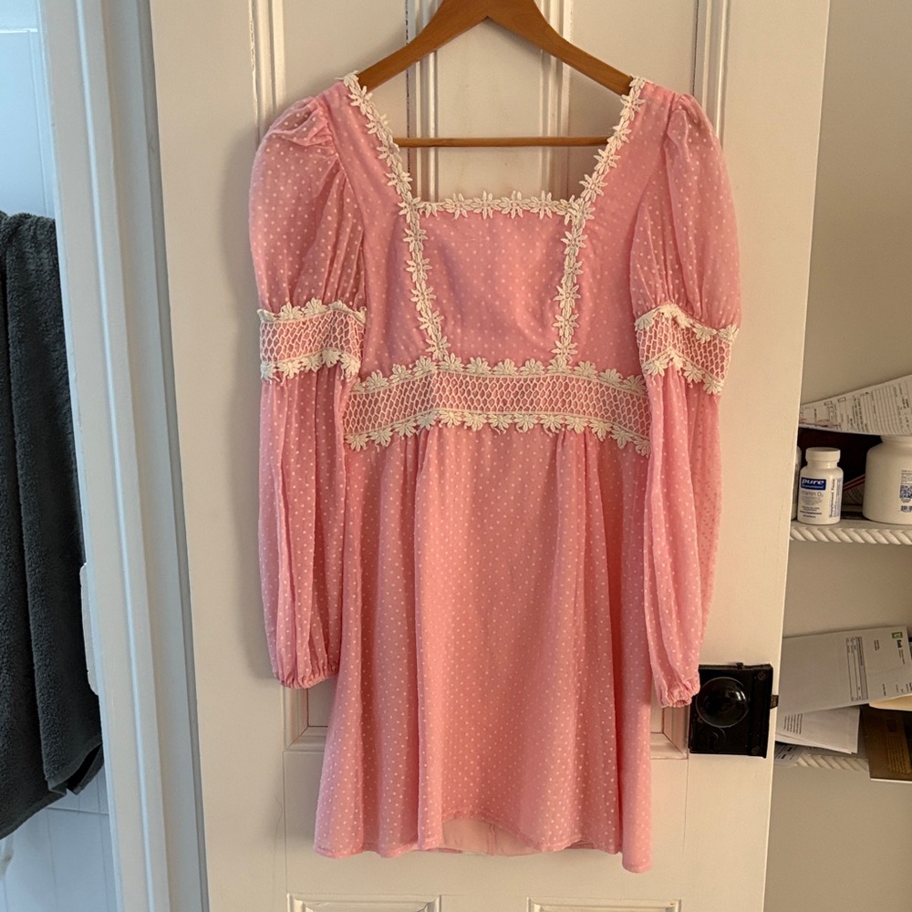 Pink 1970s gunne sax style Dress with Lace Trim